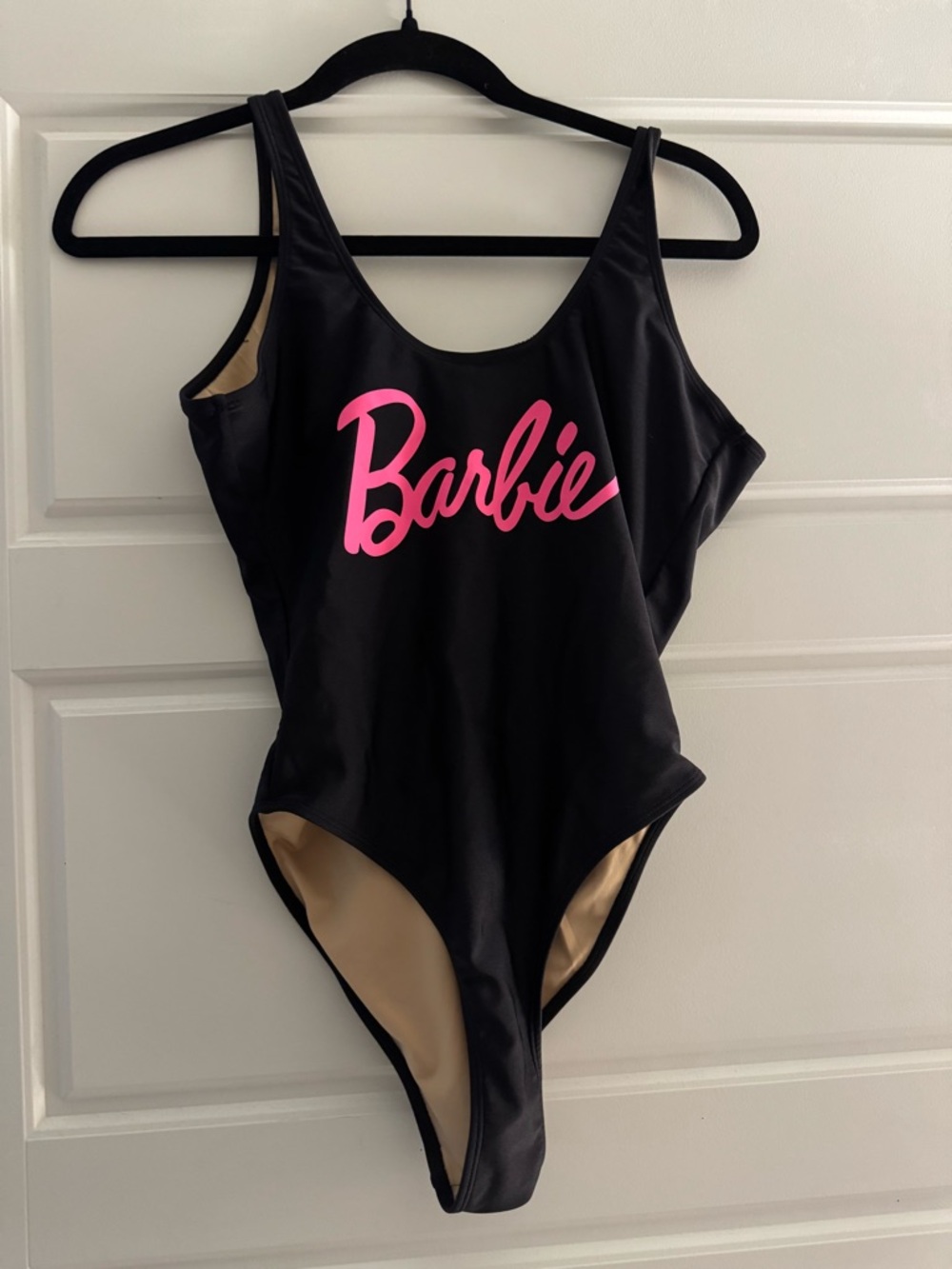Barbie Black Swimsuit with Hot Pink Script Logo Ravesuits
